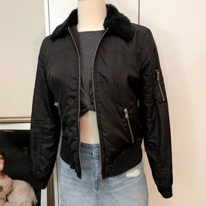 Charlotte Russe Black Bomber Jacket with Fur Collar